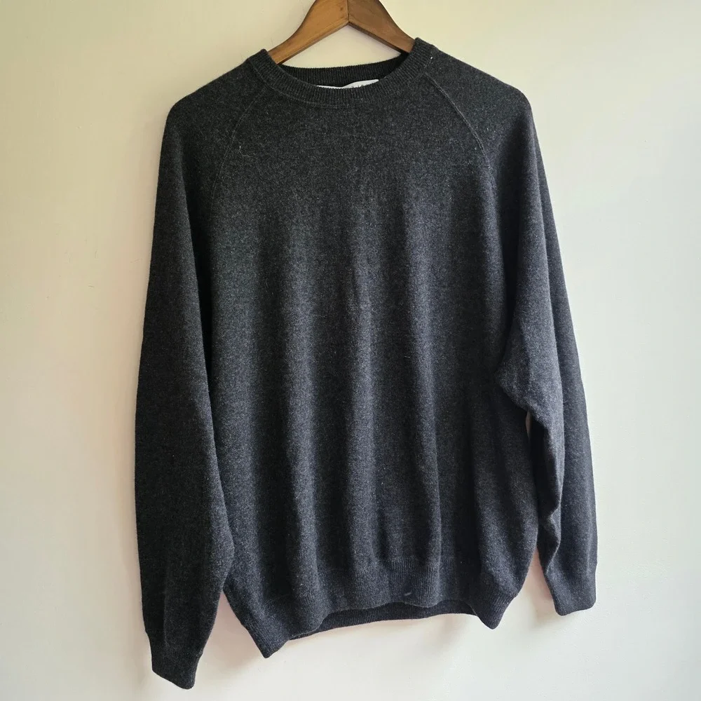 Mens Cashmere Sweater Charcoal Grey Crewneck Raglan Large Capsule Minimalist